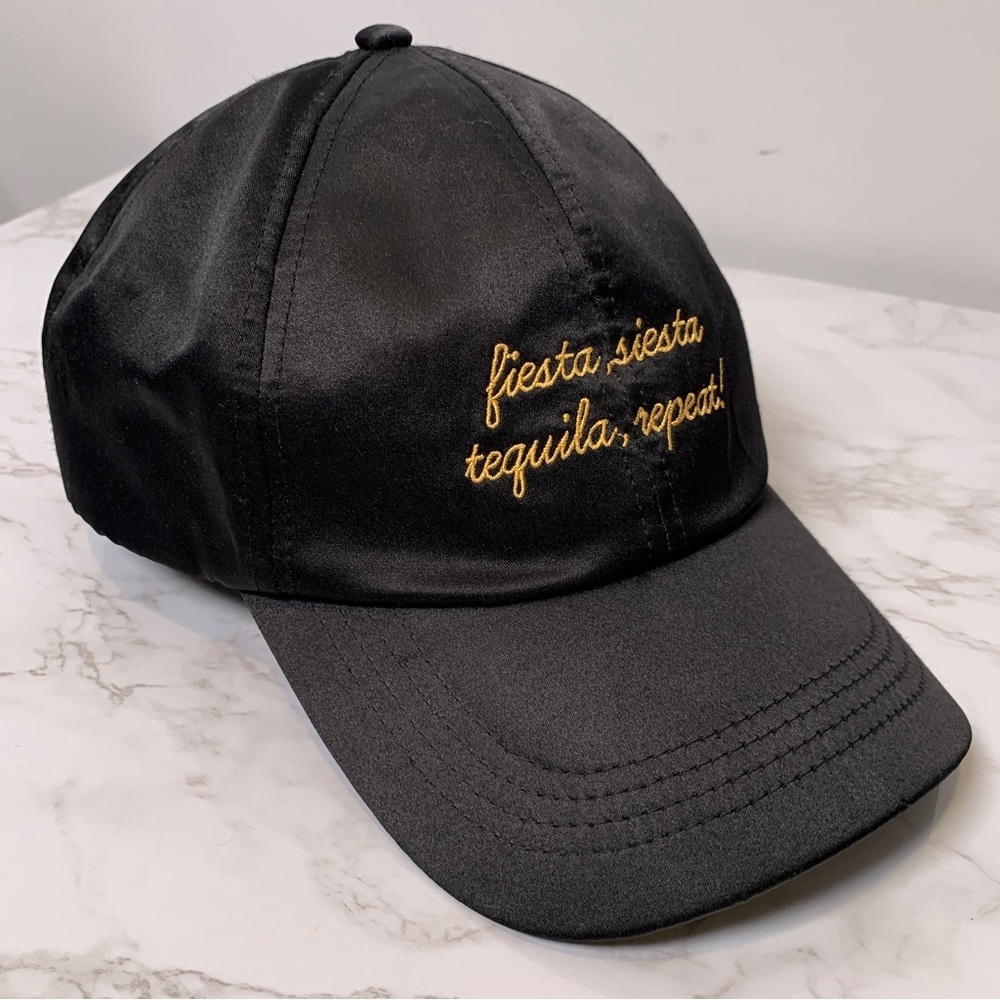 Fiesta Siesta Tequila Repeat Embroidered Black Satin Structured Baseball Cap - Picture 9 of 11